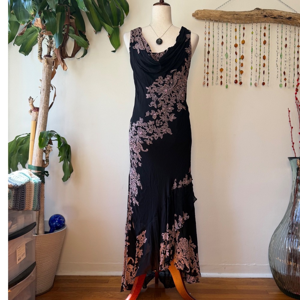 Vintage Lola P Y2K Black Pink Beaded Cowl Maxi Dress Whimsigoth Evening Gown XL
